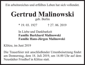 Traueranzeige von Gertrud Malinowski (geb. Berlin)  von Magdeburger Volksstimme