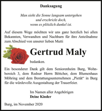 Traueranzeige von Gertrud Maly  von Magdeburger Volksstimme