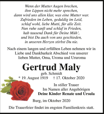 Traueranzeige von Gertrud Maly (geb. Schmidt)  von Magdeburger Volksstimme