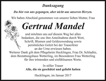Traueranzeige von Gertrud Mandel  von Magdeburger Volksstimme