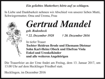Traueranzeige von Gertrud Mandel (geb. Rodenbeck)  von Magdeburger Volksstimme