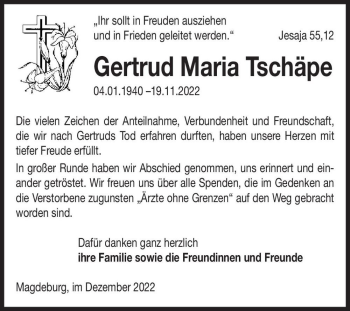 Traueranzeige von Gertrud Maria Tschäpe  von Magdeburger Volksstimme