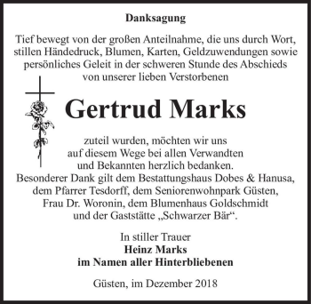 Traueranzeige von Gertrud Marks  von Magdeburger Volksstimme