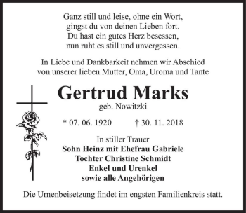 Traueranzeige von Gertrud Marks (geb. Nowitzki)  von Magdeburger Volksstimme