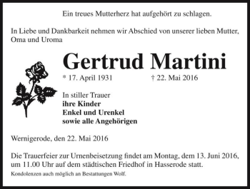 Traueranzeige von Gertrud Martini  von Magdeburger Volksstimme