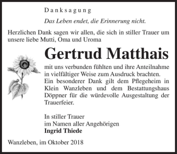 Traueranzeige von Gertrud Matthais  von Magdeburger Volksstimme
