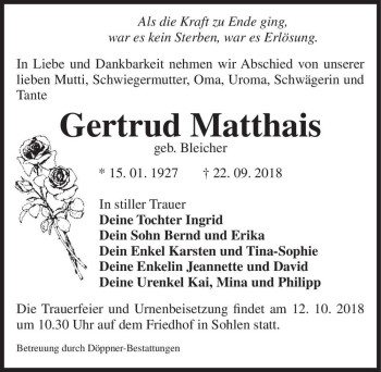 Traueranzeige von Gertrud Matthais (geb. Bleicher)  von Magdeburger Volksstimme