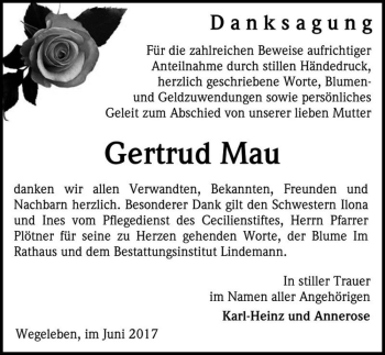 Traueranzeige von Gertrud Mau  von Magdeburger Volksstimme