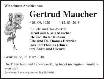 Traueranzeige von Gertrud Maucher  von Magdeburger Volksstimme