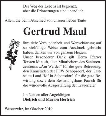 Traueranzeige von Gertrud Maul  von Magdeburger Volksstimme