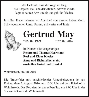 Traueranzeige von Gertrud May  von Magdeburger Volksstimme