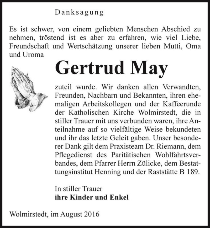  Traueranzeige für Gertrud May  vom 12.08.2016 aus Magdeburger Volksstimme