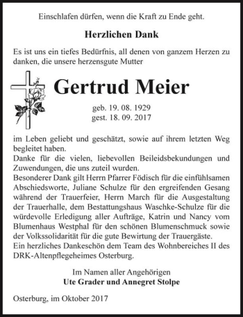Traueranzeige von Gertrud Meier  von Magdeburger Volksstimme