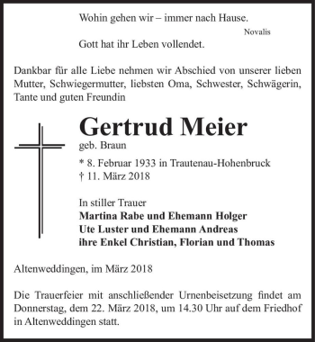 Traueranzeige von Gertrud Meier (geb. Braun)  von Magdeburger Volksstimme