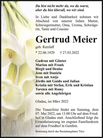 Traueranzeige von Gertrud Meier (geb. Retzlaff)  von Magdeburger Volksstimme