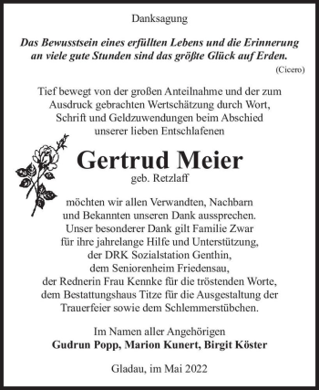 Traueranzeige von Gertrud Meier (geb. Retzlaff)  von Magdeburger Volksstimme