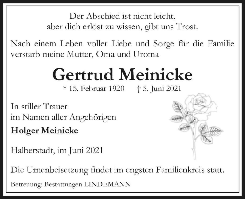  Traueranzeige für Gertrud Meinicke  vom 12.06.2021 aus Magdeburger Volksstimme