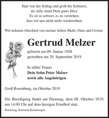 Traueranzeige von Gertrud Melzer  von Magdeburger Volksstimme