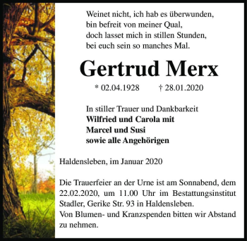 Traueranzeige von Gertrud Merx  von Magdeburger Volksstimme