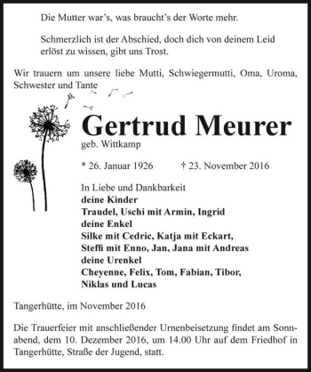 Traueranzeige von Gertrud Meurer (geb. Wittkamp)  von Magdeburger Volksstimme