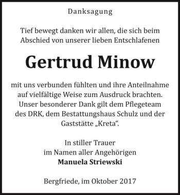 Traueranzeige von Gertrud Minow  von Magdeburger Volksstimme
