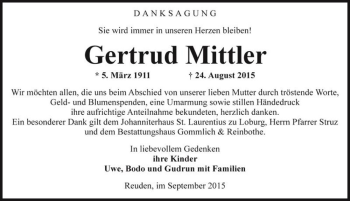 Traueranzeige von Gertrud Mittler  von Magdeburger Volksstimme