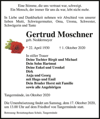 Traueranzeige von Gertrud Moschner (geb. Neddermeyer)  von Magdeburger Volksstimme