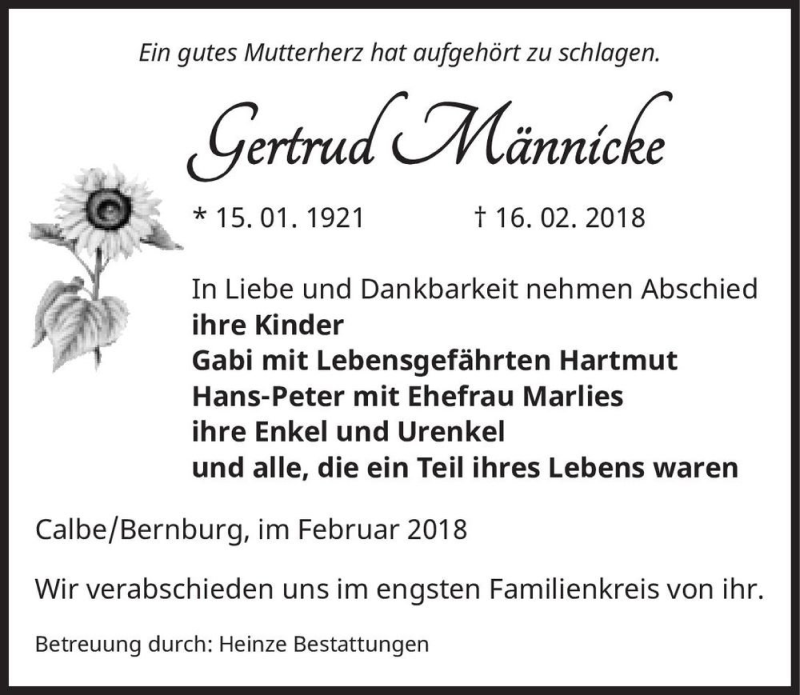  Traueranzeige für Gertrud Männicke  vom 24.02.2018 aus Magdeburger Volksstimme