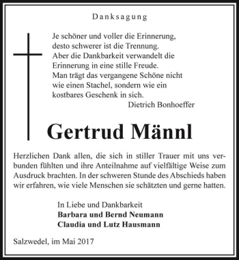 Traueranzeige von Gertrud Männl  von Magdeburger Volksstimme
