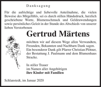 Traueranzeige von Gertrud Märtens  von Magdeburger Volksstimme