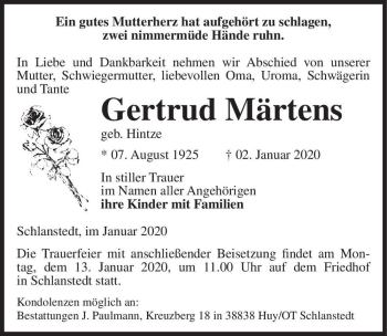 Traueranzeige von Gertrud Märtens (geb. Hintze)  von Magdeburger Volksstimme