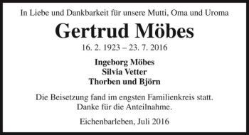 Traueranzeige von Gertrud Möbes  von Magdeburger Volksstimme