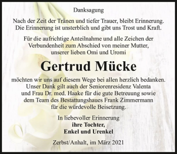 Traueranzeige von Gertrud Mücke  von Magdeburger Volksstimme
