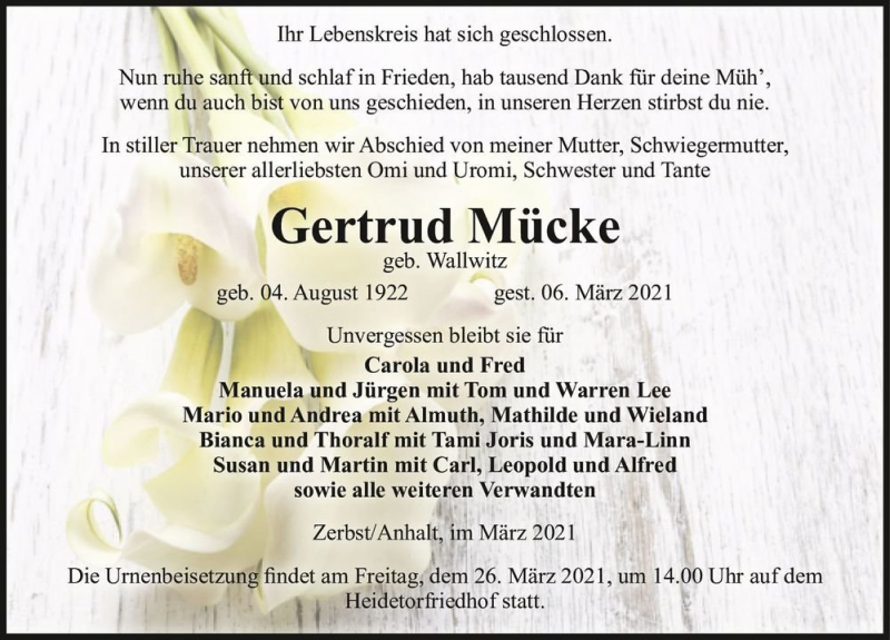  Traueranzeige für Gertrud Mücke (geb. Wallwitz)  vom 13.03.2021 aus Magdeburger Volksstimme