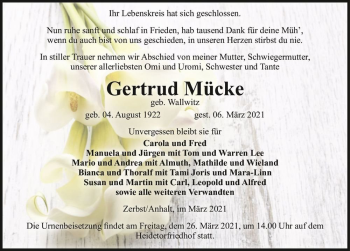 Traueranzeige von Gertrud Mücke (geb. Wallwitz)  von Magdeburger Volksstimme