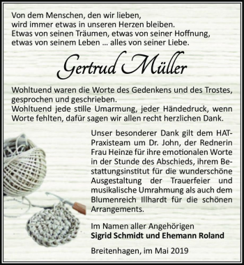 Traueranzeige von Gertrud Müller  von Magdeburger Volksstimme
