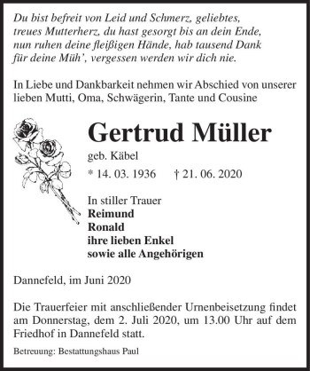 Traueranzeige von Gertrud Müller (geb. Käbel)  von Magdeburger Volksstimme
