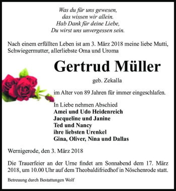 Traueranzeige von Gertrud Müller (geb. Zekalla)  von Magdeburger Volksstimme