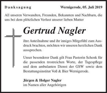 Traueranzeige von Gertrud Nagler  von Magdeburger Volksstimme