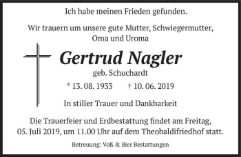 Traueranzeige von Gertrud Nagler (geb. Schuchardt)  von Magdeburger Volksstimme