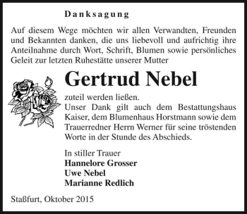 Traueranzeige von Gertrud Nebel  von Magdeburger Volksstimme
