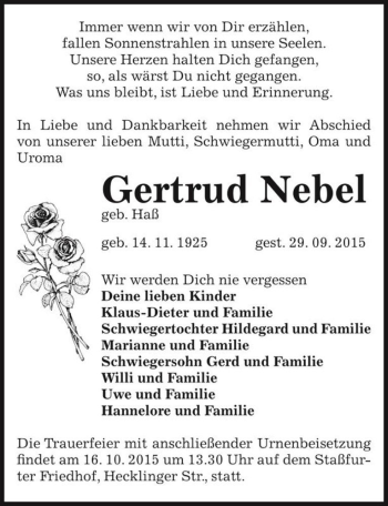Traueranzeige von Gertrud Nebel (geb. Haß)  von Magdeburger Volksstimme