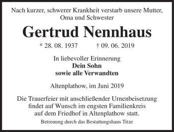 Traueranzeige von Gertrud Nennhaus  von Magdeburger Volksstimme