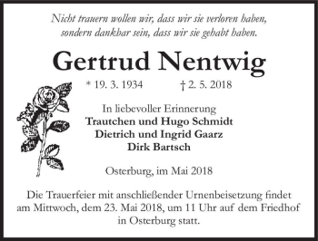 Traueranzeige von Gertrud Nentwig  von Magdeburger Volksstimme