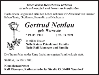Traueranzeige von Gertrud Netlau (geb. Wernecke)  von Magdeburger Volksstimme