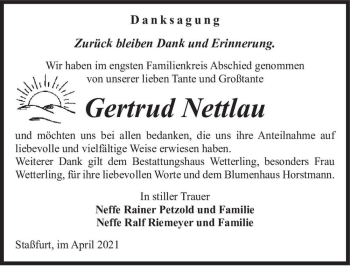 Traueranzeige von Gertrud Nettlau  von Magdeburger Volksstimme