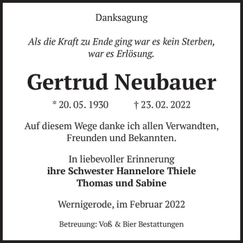Traueranzeige von Gertrud Neubauer  von Magdeburger Volksstimme