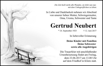 Traueranzeige von Gertrud Neubert  von Magdeburger Volksstimme