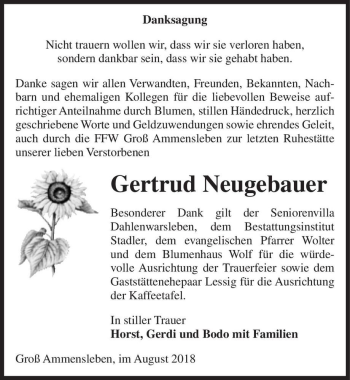 Traueranzeige von Gertrud Neugebauer  von Magdeburger Volksstimme