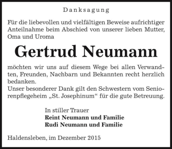 Traueranzeige von Gertrud Neumann  von Magdeburger Volksstimme